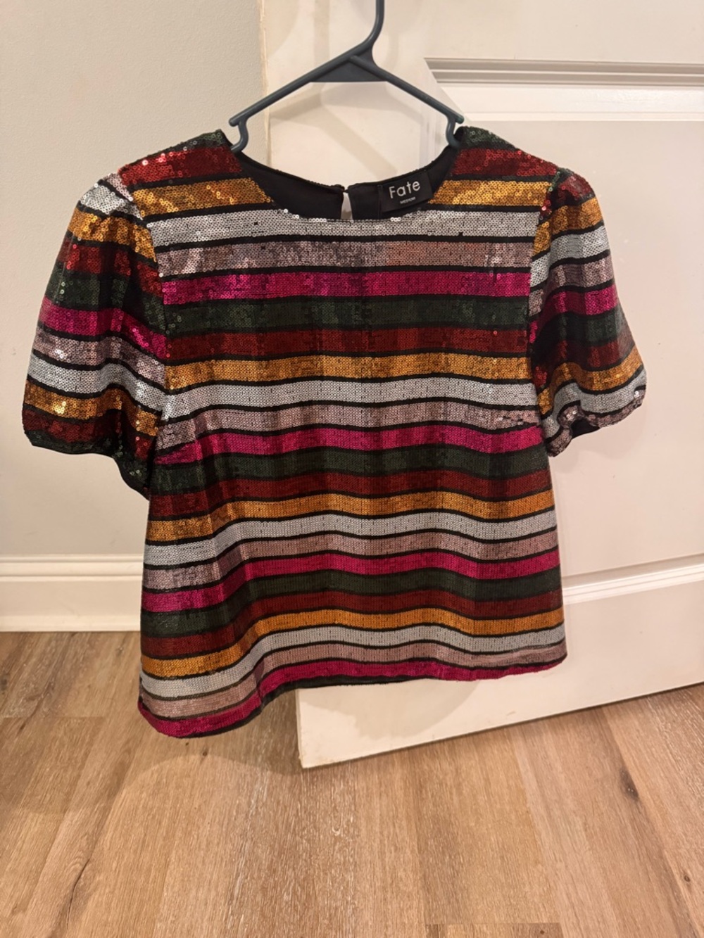 Fate Multicolor Striped Sequin Short Sleeve Top and Pants Set